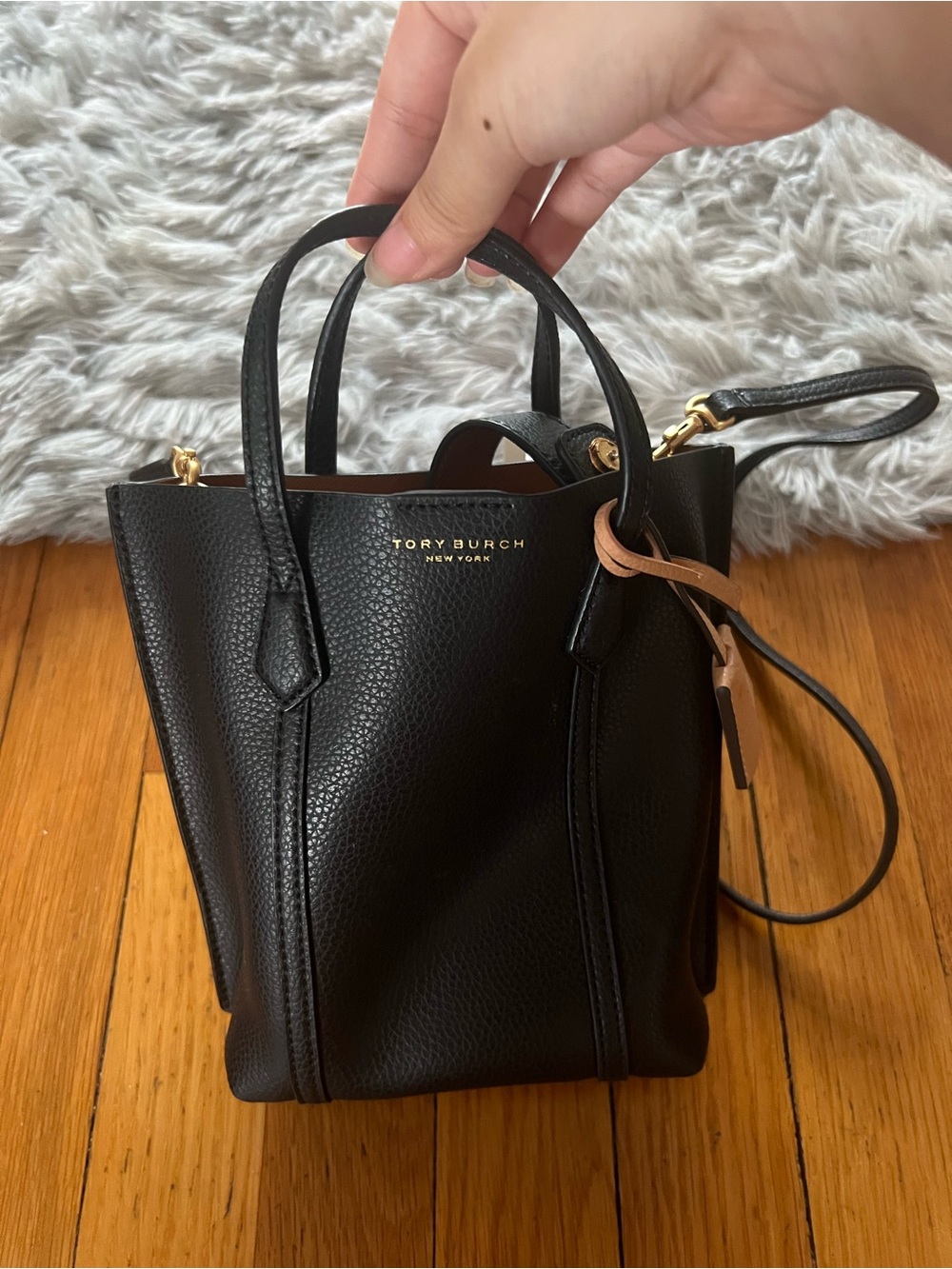 Tory Burch Black Pebbled Leather Mini Tote with Tan Accent